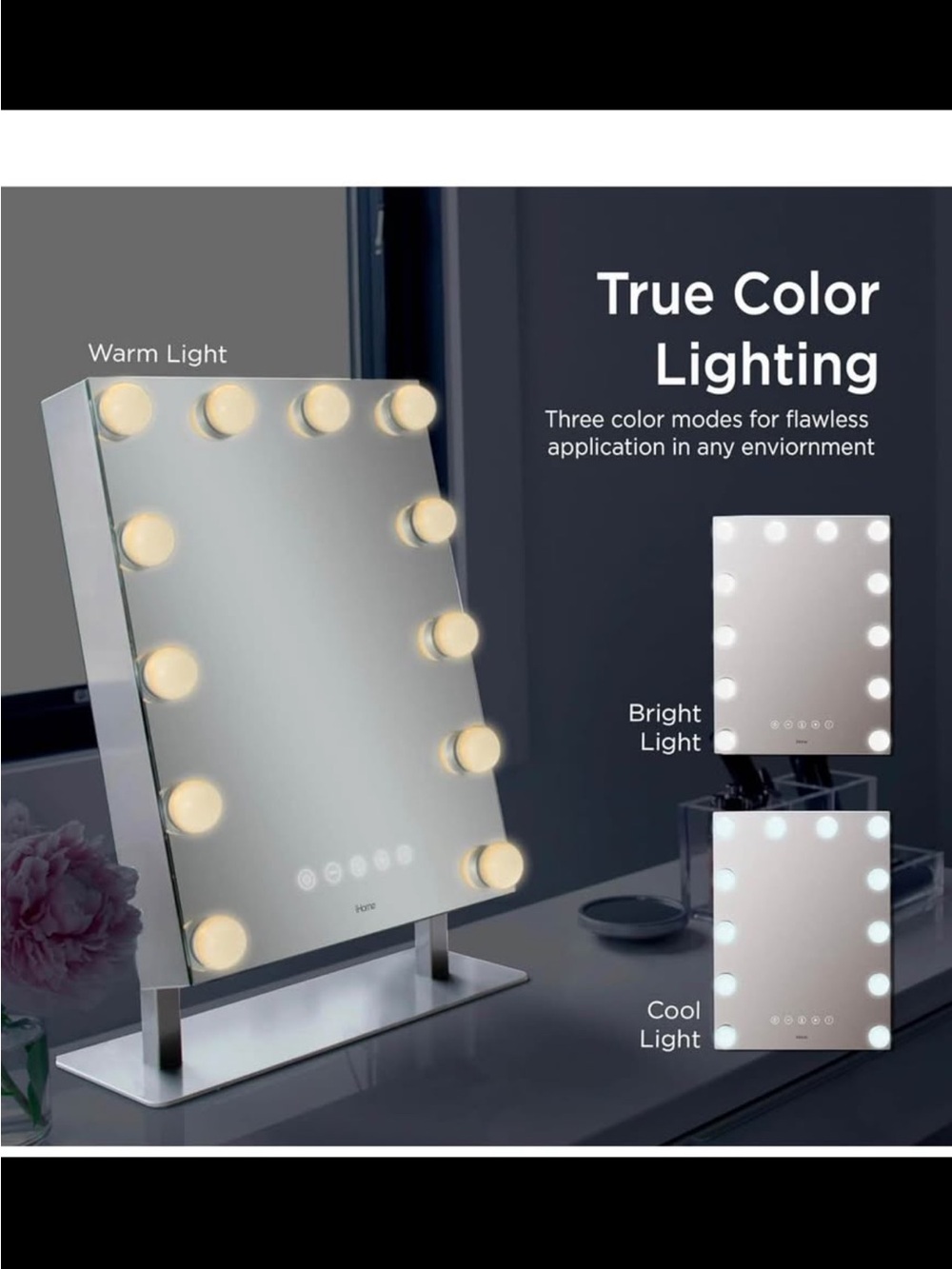 iHome Bluetooth LED Hollywood Vanity Mirror with Warm, Bright, Cool Lighting